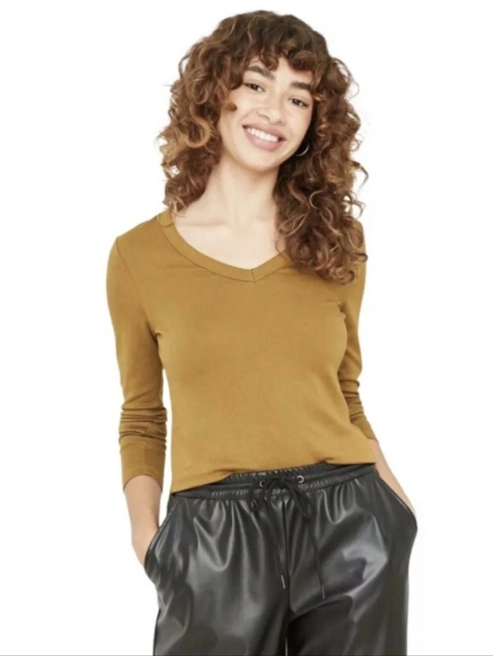 A New Day Women's Long SLeeve V-Neck Fitted T-shirt Cotton Blend Olive Brown XS